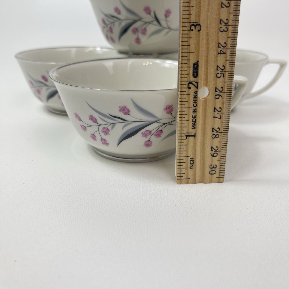 Embassy USA China Tru Tone Footed Tea Cups Pink‎ Flowers Gray Platinum Rim - Picture 9 of 12